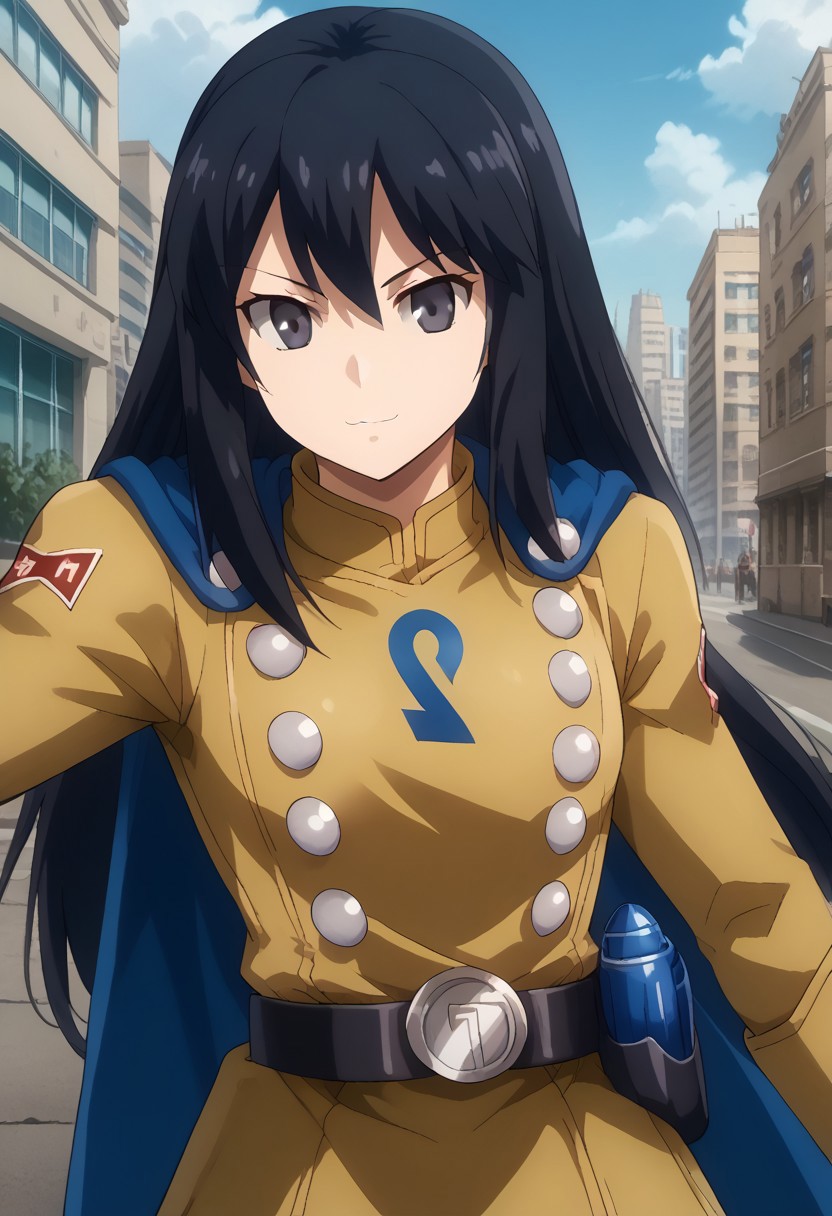 1girl, solo, ayamenb, black hair, long hair, black eyes, yellow uniform, belt, gloves, blue cape, serious, smile, dynamic pose, outdoors, city, street, cowboy shot