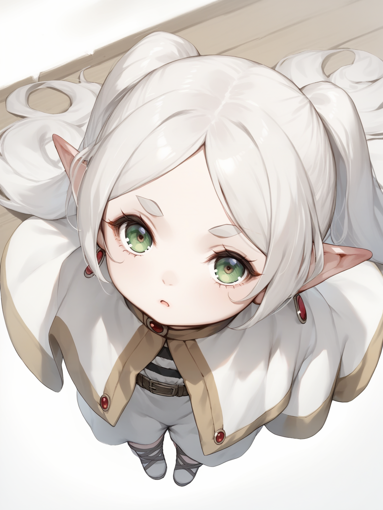 score_9, score_8_up, score_7_up, score_6_up, score_5_up, score_4_up, source_anime,
1girl frieren, <lora:frieren-PD-1.0:1>,
(oversized clothes), from above, looking up, (pout), open mouth, (chibi), head tilt, white dress, capelet