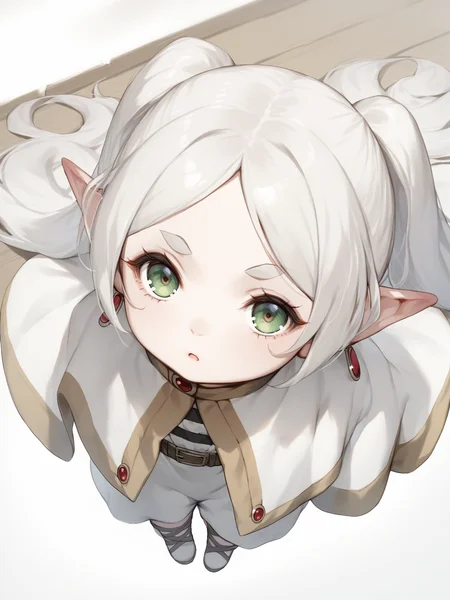 score_9, score_8_up, score_7_up, score_6_up, score_5_up, score_4_up, source_anime,
1girl frieren, <lora:frieren-PD-1.0:1>,
(oversized clothes), from above, looking up, (pout), open mouth, (chibi), head tilt, white dress, capelet
