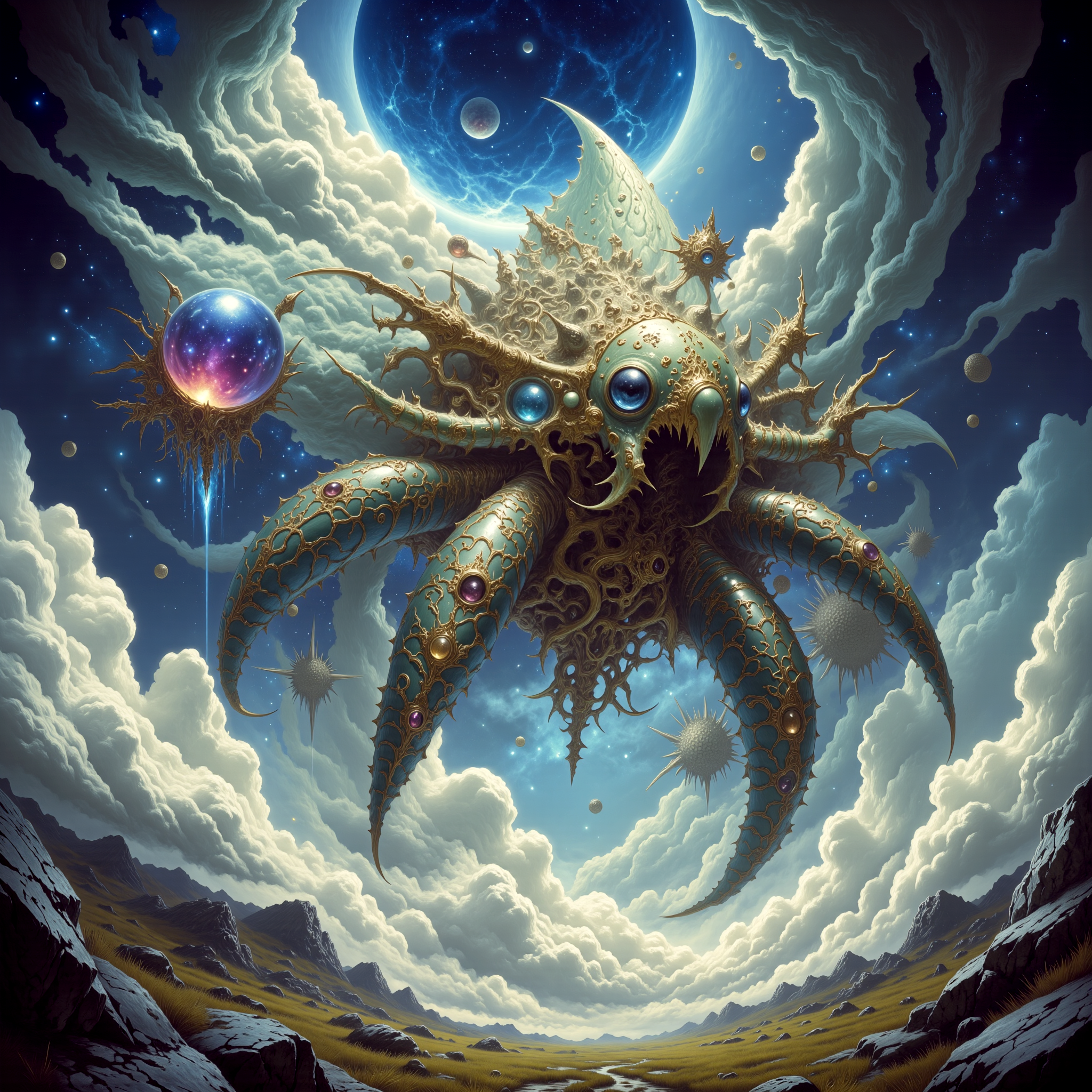 highly detailed, intricate, detailed background, famous artwork inspired by (journey to the savage planet:1.3) and (josephine wall:1.4) and (noah bradley:1.3), 1980s fantasy style, (fractal art:0.44), dramatic sky, this image shows the airborne "proud shnaymturbler", an ethereal and fantastical (invertebrate:1.1) with enormous (iridescent:1.1), regorbified (gas bladders:1.1), it navigates the clouds in the dense atmosphere of the (tempestuous:1.1) alien planet "john's juggernaut" with flibbering grace, ethereal, golden ratio, in the style of ck-ovf, amanoer, arsmjstyle, dnddarkestfantasy, aidmamj6.1, 
<lora:style-oneviolentfantasy-ep21-flux-by_chronoknight:0.6> 
<lora:style-yoshitaka_amano-elden_ring-flux-by_alicient:0.36> 
<lora:style-dnd_dark_fantasy-flux-by_arsmachina:0.76> 
<lora:midjourney_61-v0.4-flux-by_aidma:0.48> 
<lora:faetastic_details-flux-by_faeia:0.56>
