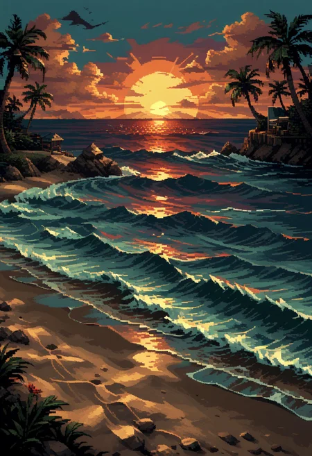 score_9, score_8_up, score_7_up, yamer_pixel_fusion, pixel art, beach, ocean, sunset, hyper-detailed, retrowave, lofi, d3p1x3l, pixel art