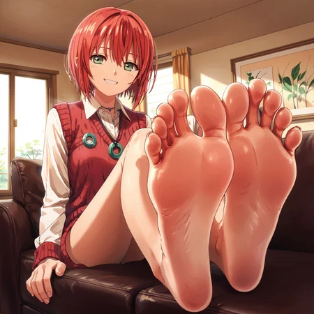score_9, score_8_up, score_7_up, 1girl, Hatori Chise, red hair, green eyes, short hair, red sweater vest, sweet smile, looking at viewer, indoors, necklace,barefoot, foreshortening, close up, sitting, living room, smile, happy, feet up, hands under legs, soles