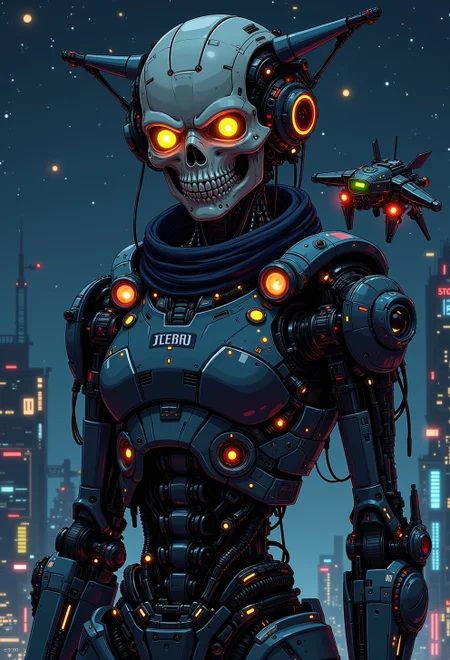 <lora:ck-nc-cyberpunk-V2-000013:1>, A digital artwork in the style of cknc, A detailed futuristic humanoid robot with a skeletal face, glowing orange eyes, and large, angular ears. The robot is wearing a high-tech, armored suit with a complex design featuring various panels and lights. The background is a dark, starry night sky, adding a sense of depth and space. A small, flying drone with glowing green and red lights is hovering near the robot's shoulder. The style is highly detailed and realistic, with a focus on the intricate design of the robot's armor and the futuristic setting. The image has a dark, moody atmosphere with a strong sense of sci-fi elements.