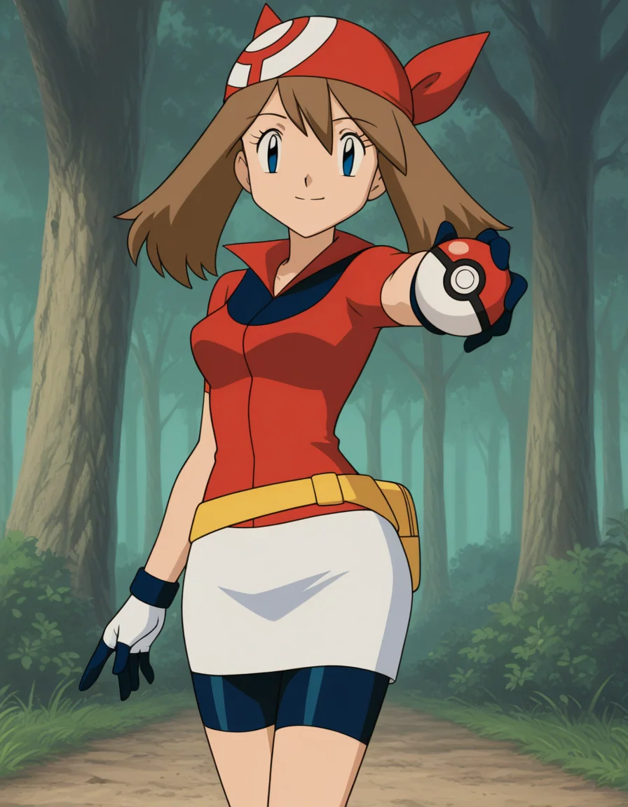 official style,(((solo))),may (pokemon), pokemon (anime), 2000s,brown hair, blue eyes, red bandans, red shirt, short sleeves, gloves, white pouch, white skirt, short skirt, pencil skirt, bike shorts,(standing:1.5),(holding poke ball :1.5),
explicit,(anime screencap), 2d cel anime,anime cap,anime,anime style,anime cel,cell shadedsoft brightness,perfect face,perfect nose, perfect hair, perfect eyes,perfect female body,perfect skin,a face of perfect proportion,perfect lighting,perfect anatomy,perfect proportion,perfect hands,perfect legs,perfect fingers,masterpiece,hair between eyes,
breasts,
perky breasts,best quality,very aesthetic,absurdres,16k,intricate detail,amazing quality,(bold:3.12),thick outline,black outline,harsh lines,soft lines,deluster,boldline,curvy,(anime coloring:1.2), smile,slim,
looking at viewer,
super fine illustration,detailed linework,vibrant colors,kawaii,flat color,outdoors,forest,
(pov:2.0),
<lora:ãã±ããã¢ã³ã¹ã¿ã¼ãã«ã«åå ´çã¢ãã¡ä½ç»é¢¨PokemonMayMovie_ANIME_Styleillustrious-000015:1:0.8>