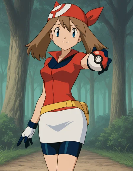official style,(((solo))),may (pokemon), pokemon (anime), 2000s,brown hair, blue eyes, red bandans, red shirt, short sleeves, gloves, white pouch, white skirt, short skirt, pencil skirt, bike shorts,(standing:1.5),(holding poke ball :1.5),
explicit,(anime screencap), 2d cel anime,anime cap,anime,anime style,anime cel,cell shadedsoft brightness,perfect face,perfect nose, perfect hair, perfect eyes,perfect female body,perfect skin,a face of perfect proportion,perfect lighting,perfect anatomy,perfect proportion,perfect hands,perfect legs,perfect fingers,masterpiece,hair between eyes,
breasts,
perky breasts,best quality,very aesthetic,absurdres,16k,intricate detail,amazing quality,(bold:3.12),thick outline,black outline,harsh lines,soft lines,deluster,boldline,curvy,(anime coloring:1.2), smile,slim,
looking at viewer,
super fine illustration,detailed linework,vibrant colors,kawaii,flat color,outdoors,forest,
(pov:2.0),
<lora:ãã±ããã¢ã³ã¹ã¿ã¼ãã«ã«åå ´çã¢ãã¡ä½ç»é¢¨PokemonMayMovie_ANIME_Styleillustrious-000015:1:0.8>