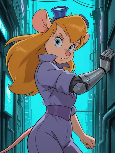 <lora:Gadget_HackwrenchIL:0.7> ga_ha, 1girl, blue eyes, long hair, animal ears, mouse, welder glasses on head, tail,
looking at viewer, cyberpunk, augmentations, prosthetic, metal arm, GLOWING CYBERNETIC EYE,difficult background, at night, dynamic pose, upper body