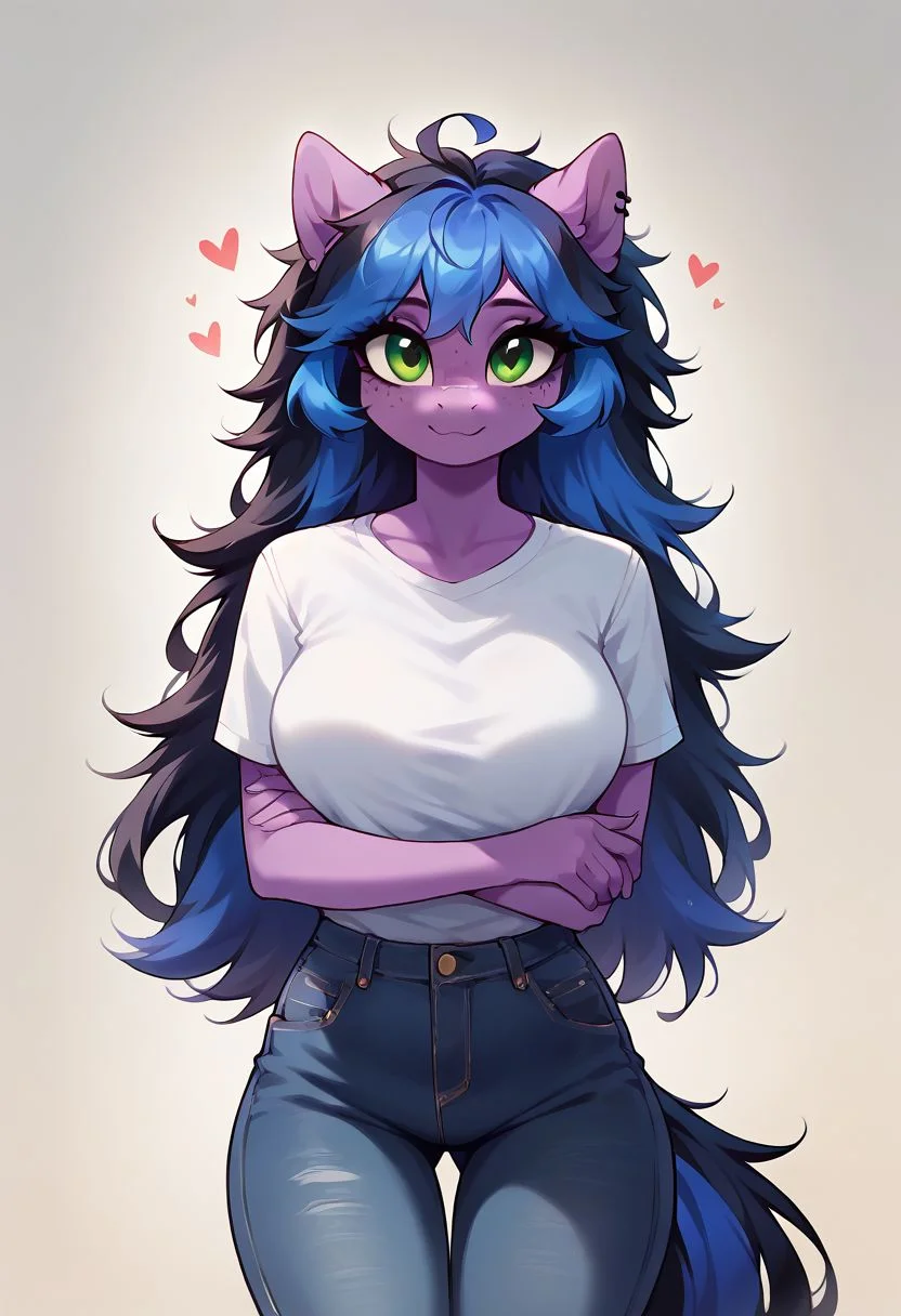 score_9, score_8_up, score_7_up, score_6_up,  <lora:3mpr3ss3XLP:0.8> 3mpr3ss3, 1girl,anthro pony, ((purple fur, fluffy fur)), green eyes, cute face, goth girl, face freckles, breast freckles, gradient blue hair, messy hair, long hair, light freckles, long long hair, jeans