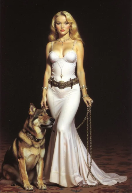 Beautiful female Marilyn Monroe 
 Bimbo maiden, ( + perfect), vintage stylized formal white medieval gown,  belt and dagger, plunging neckline, magical, alluring, sultry, eye catching, half-length, , female-body, , blonde, hazel-eyes, bright, dierwolf by her side, collared with leash, Magical beautiful background fantasy French boudoir, perfect face, perfect eyes, hyper-detailed hypermaximalist dynamic style (8k) (high res
Frank Frazetta fantasy oil painting
Perfect hand
wolf