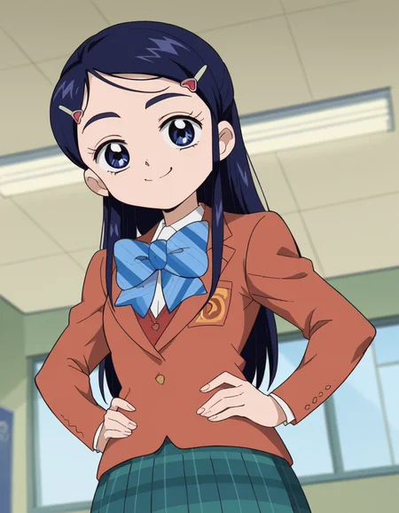 score_9, score_8_up, score_7_up, source_anime, <lora:honoka-yukishiro-anime-ponyxl-lora-nochekaiser:1>, honoka yukishiro, long hair, blue eyes, hair ornament, blue hair, hairclip,, skirt, bow, school uniform, jacket, bowtie, blue bow, blazer, brown jacket, plaid, plaid skirt, green skirt, red blazer,, indoors, smug, smile, looking at viewer, solo, hands on hips,, cowboy shot, dutch angle