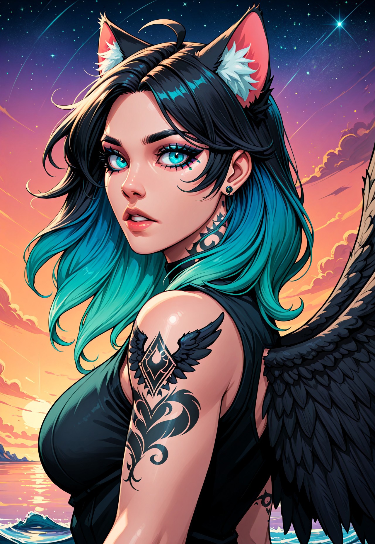 animated nightmare style, 1girl, ahoge, animal ear fluff, animal ears, aqua eyes, aqua hair, arm tattoo, bare shoulders, black hair, black wings, blue eyes, blue hair, cat ears, earrings, extra ears, eyelashes, feathered wings, from side, gradient hair, green hair, jewelry, large breasts, lips, long hair, looking at viewer, makeup, medium breasts, medium hair, multicolored hair, nose, outdoors, parted bangs, parted lips, piercing, shirt, shoulder tattoo, sky, sleeveless, sleeveless shirt, solo, star (sky), sunset, tattoo, two-tone hair, upper body, water, wings