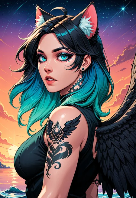 animated nightmare style, 1girl, ahoge, animal ear fluff, animal ears, aqua eyes, aqua hair, arm tattoo, bare shoulders, black hair, black wings, blue eyes, blue hair, cat ears, earrings, extra ears, eyelashes, feathered wings, from side, gradient hair, green hair, jewelry, large breasts, lips, long hair, looking at viewer, makeup, medium breasts, medium hair, multicolored hair, nose, outdoors, parted bangs, parted lips, piercing, shirt, shoulder tattoo, sky, sleeveless, sleeveless shirt, solo, star (sky), sunset, tattoo, two-tone hair, upper body, water, wings