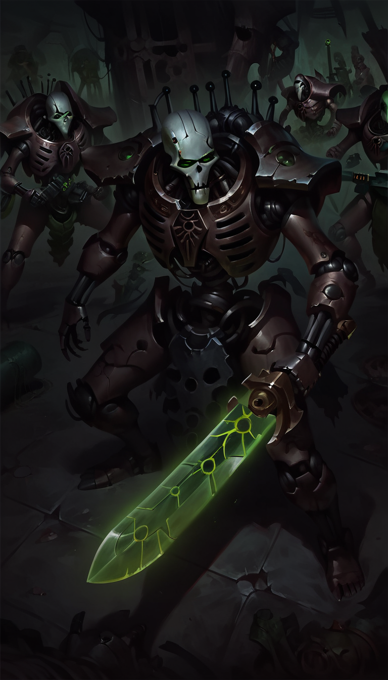 score_9, score_8_up, score_7_up, necron, robot, green energy, wh40k holding sword, black armor, science fiction, mecha, 
from above,
 <lora:Necron_race_WH40K:1> 
 <lora:Concept Art DarkSide Style LoRA_Pony XL v6:1> concept art, realistic, dark theme, low light,
