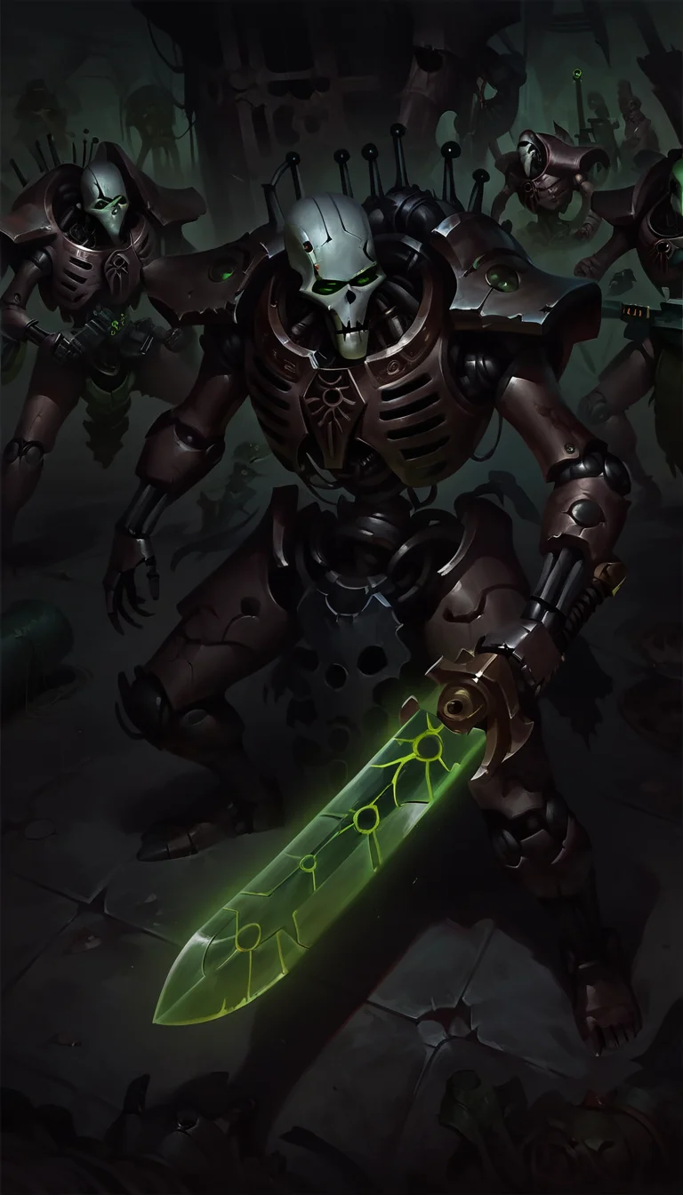 score_9, score_8_up, score_7_up, necron, robot, green energy, wh40k holding sword, black armor, science fiction, mecha,
from above,
<lora:Necron_race_WH40K:1>
<lora:Concept Art DarkSide Style LoRA_Pony XL v6:1> concept art, realistic, dark theme, low light,