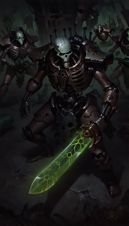score_9, score_8_up, score_7_up, necron, robot, green energy, wh40k holding sword, black armor, science fiction, mecha, 
from above,
 <lora:Necron_race_WH40K:1> 
 <lora:Concept Art DarkSide Style LoRA_Pony XL v6:1> concept art, realistic, dark theme, low light,