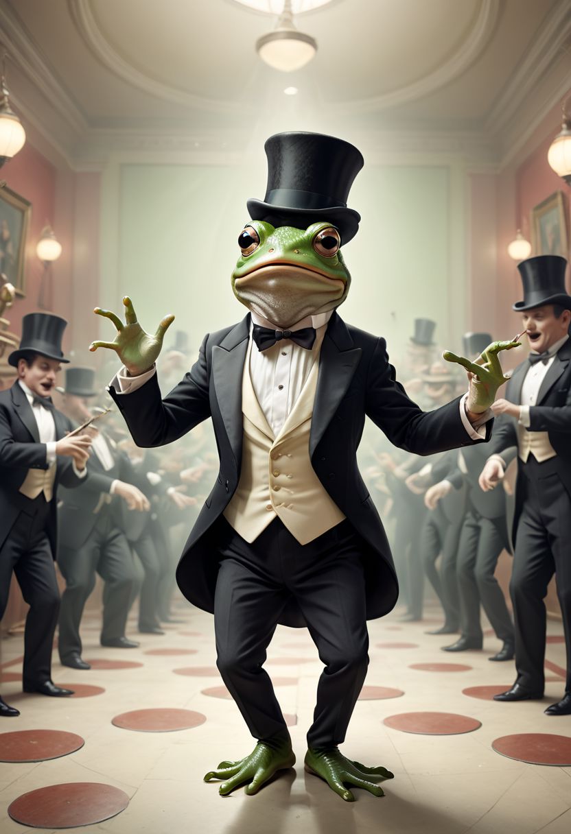 A surreal mind image of a frog dancing in a musical movie, wearing a top hat and tuxedo