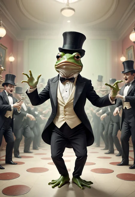 A surreal mind image of a frog dancing in a musical movie, wearing a top hat and tuxedo