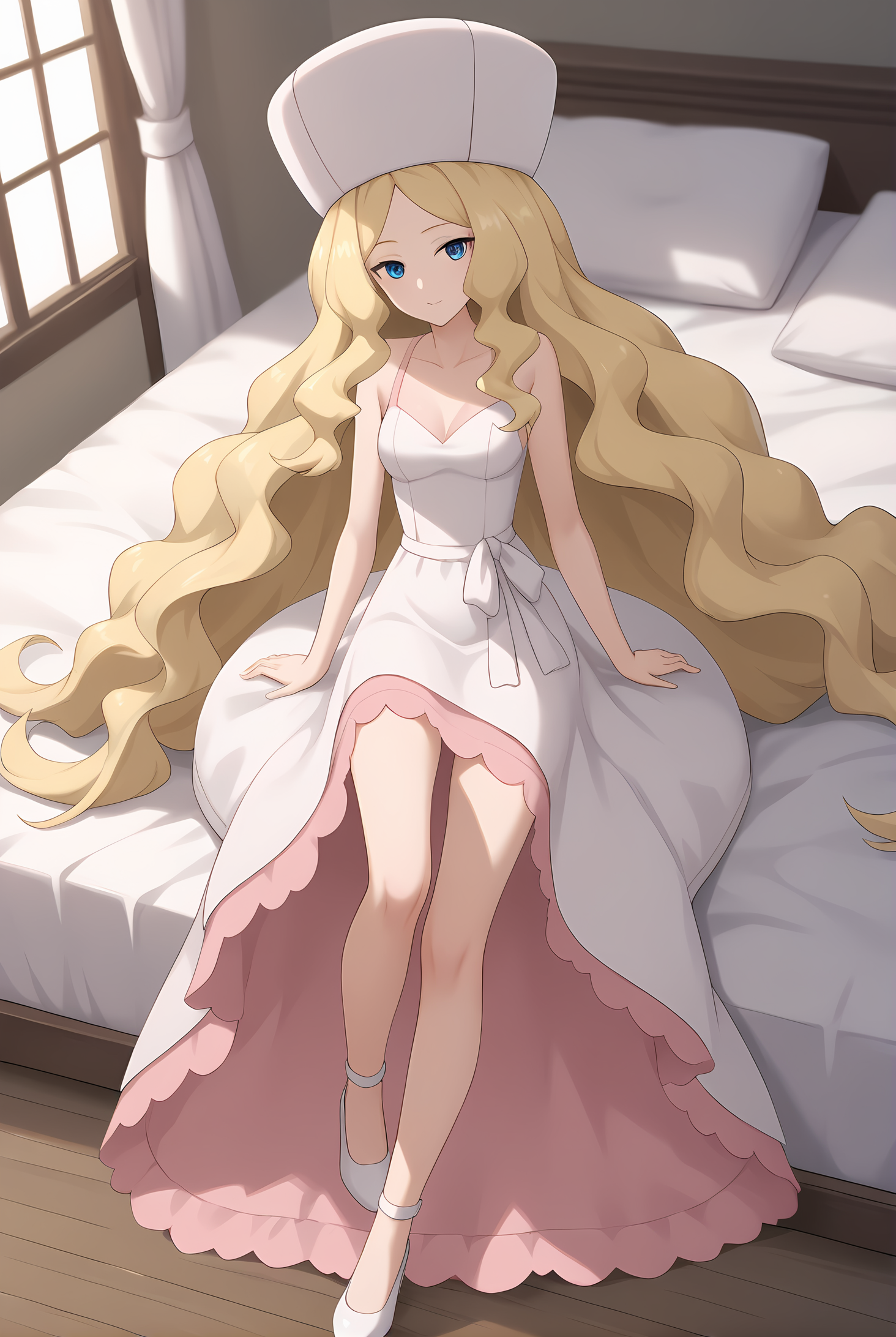 (white dress pink dress two-tone dress), pk-caitlin, pink hat, blonde hair, very long hair, blue eyes, medium breasts, 1girl, solo, skinny, score_9, score_8_up, score_8, score_7_up, score_7, score_6_up, score_6, score_5_up, score_5, source_anime, lewd, bedroom, (1.3::full body|0.3::sitting|0.4::standing|0.4::lying|straight-on|0.6::close-up| :1.20), , <lora:pk-caitlin-V01-000004:0.70>