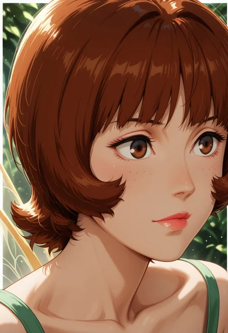 masterpiece, best quality, newest, absurdres, CG, anime, source anime, illustration, very aesthetic, high resolution, ultra-detailed, newest, scenery, medium depth of field, rule of thirds, masterpiece-level, clean lines, sharp, focused subject
1girl, solo, DreamAtsukoChiba,,short hair,brown hair, brown eyes,lips,lipstick,freckles,green dress, fairy, fairy wings,
closeup to face, portrait, outside border
night
cinematic angle, detailed background, beautiful background, (rays light:1.0),(grow:1.0), light particles, motion lines, from both sides