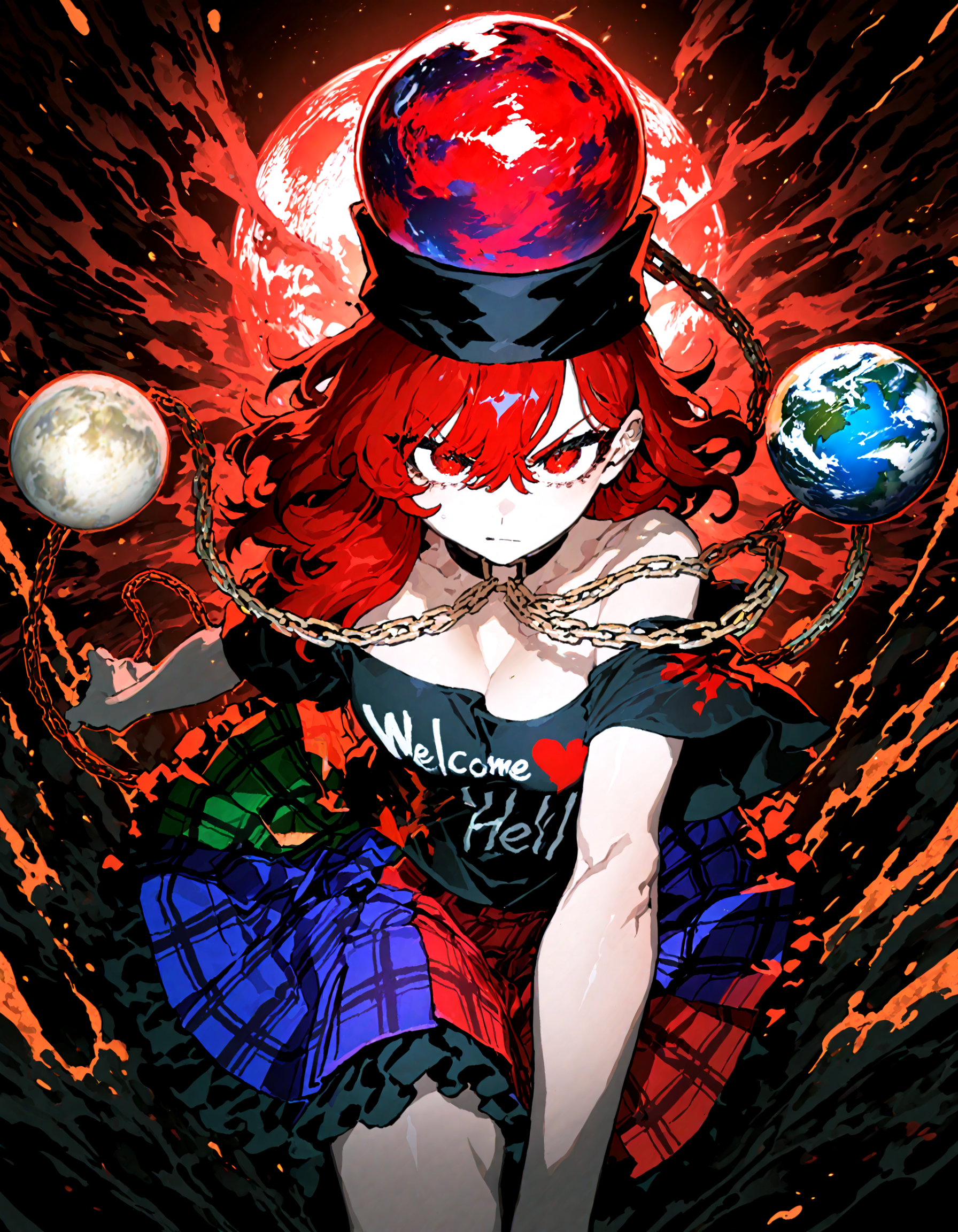 1girl, solo,  hecatia_lapislazuli , soft lighting, looking at viewer, pov,chain, choker,  earth_(ornament) , hair_between_eyes, hat, moon_(ornament) , underworld_(ornament) , v-shaped_eyebrows, incoming attack, dynamic pose,
, ssambatea, quasarcake, Fishine,optical illusion,ireading,
masterpiece, best quality, amazing quality, very aesthetic, absurdres,  newest, (volumetric lighting),
<lora:cfg_scale_boost:0.5>, <lora:ponyv5_noobE11_1_adamW:0.5>, <lora:illustrious_noobai_epsilon_pred_1_best_quality_v1:0.5> ,<lora:illustrious_noobai_epsilon_pred_1_masterpieces_v1:0.5> ,<lora:illustrious_noobai_epsilon_pred_11_very_aesthetic_v1:0.5>