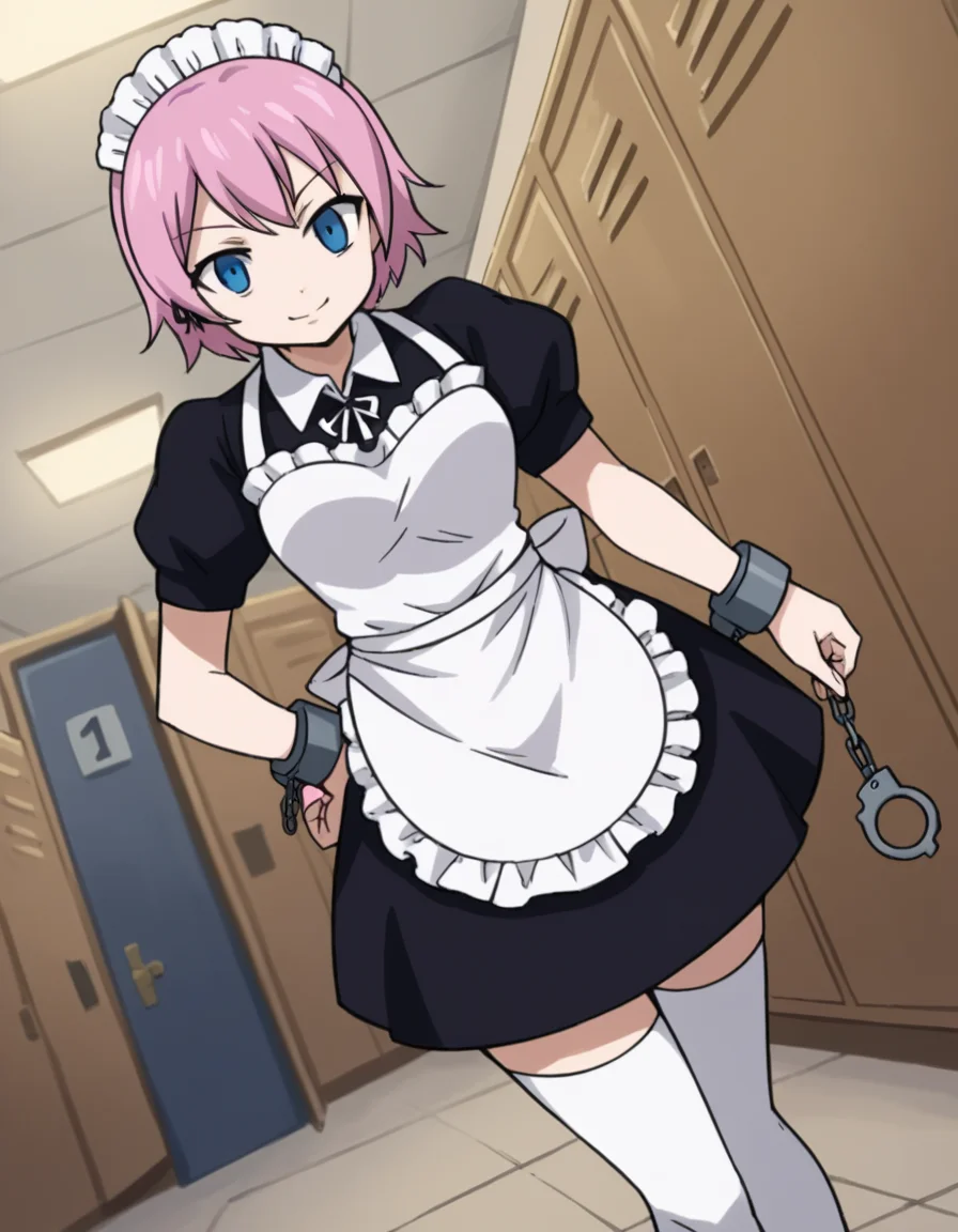 score_9, score_8_up, score_7_up, source_anime, <lora:fairytail-virgo-s7-ponyxl-lora-nochekaiser:1>,, maid virgo, short hair, bangs, blue eyes, pink hair, thighhighs, dress, short sleeves, shoes, puffy sleeves, black footwear, apron, black dress, white thighhighs, puffy short sleeves, zettai ryouiki, maid, maid headdress, white apron, maid apron, cuffs, enmaided, handcuffs,, school hallway, lockers, between classes, everyday life, smile, , hand on hip, solo,, cowboy shot, dutch angle