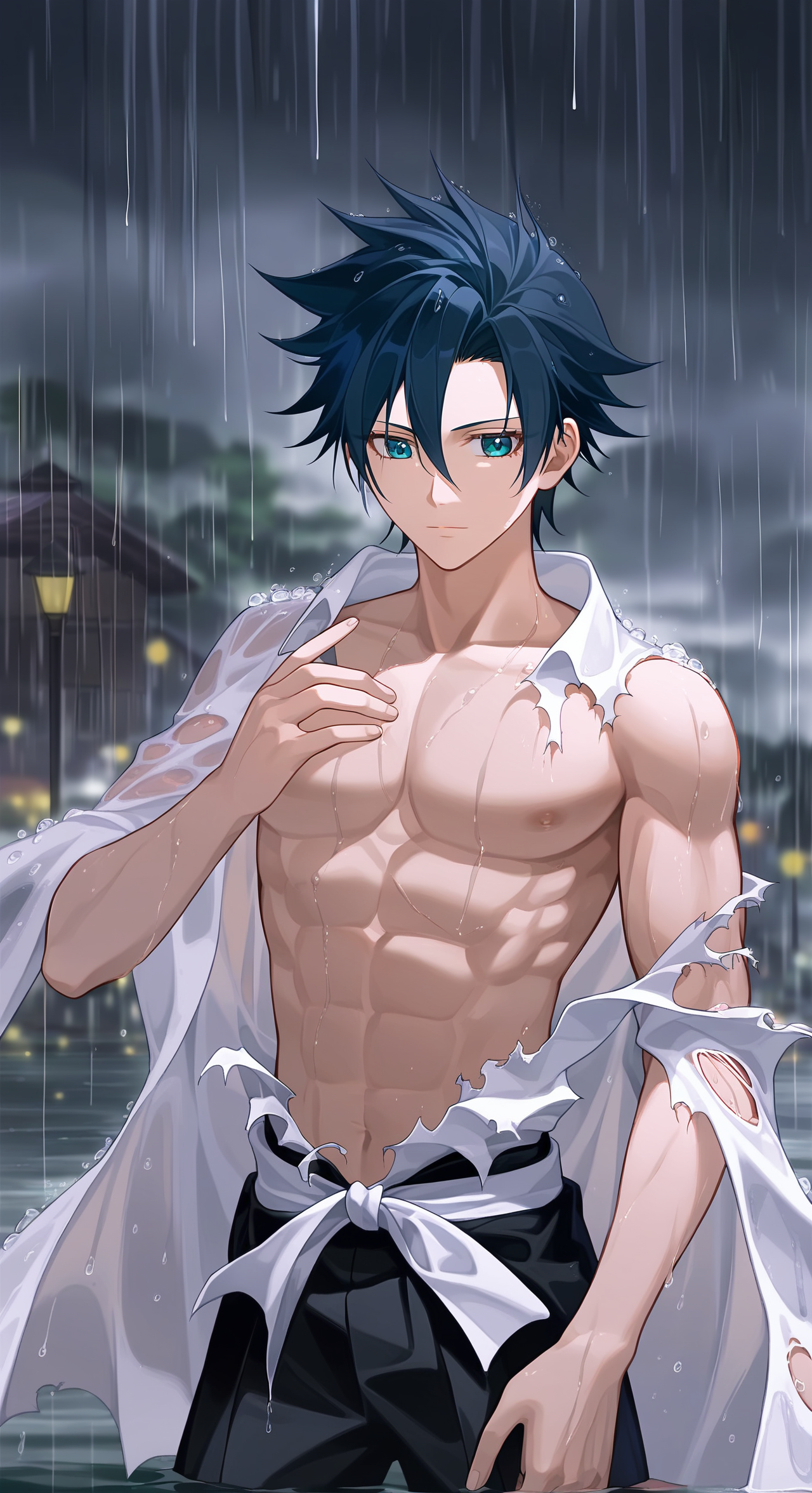 1boy,male focus,kurosaki ichigo,bleach,black hakama,tensa zangetsu (bankai),torn clothes,outdoors,rain,pectorals,(masterpiece),(best quality),(ultra-detailed),very aesthetic,illustration,disheveled hair,perfect composition,moist skin,intricate details,