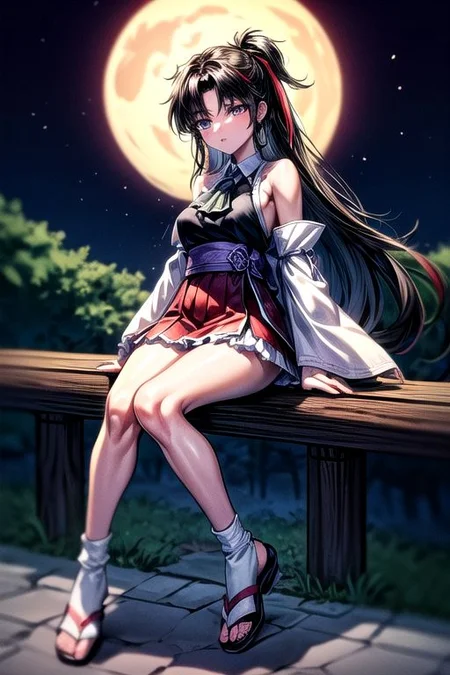 masterpiece, best quality 1girl Setsun4 solo long hair, (night time) forest background black hair very long hair purple eyes multicolored hair armor (fur trim) (medium body),<lora:EMS-179-EMS:0.800000>,<lora:EMS-293862-EMS:0.800000>ascot, bare shoulders, black footwear, detached sleeves, embellished costume, frills, japanese clothes, nontraditional miko, red skirt, sandals, sarashi, skirt, socks, armor, miko