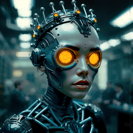 futuristic biopunk, portrait of a woman with dimly extremely detailed glowing orange eyes, featuring a crown-like metal structure on her head and a skeletal metal exoskeleton, with a focus on metallic textures and a dark, high-tech aesthetic, against an eerie backdrop of a dimly lit futuristic laboratory. Style of (Chris Cold:1.2) and style of (HR Giger:0.8), blend of organic and mechanical elements. <lora:scifi/moxiePunk_v20.safetensors:1.0>, <lora:flux/Realism 2>,