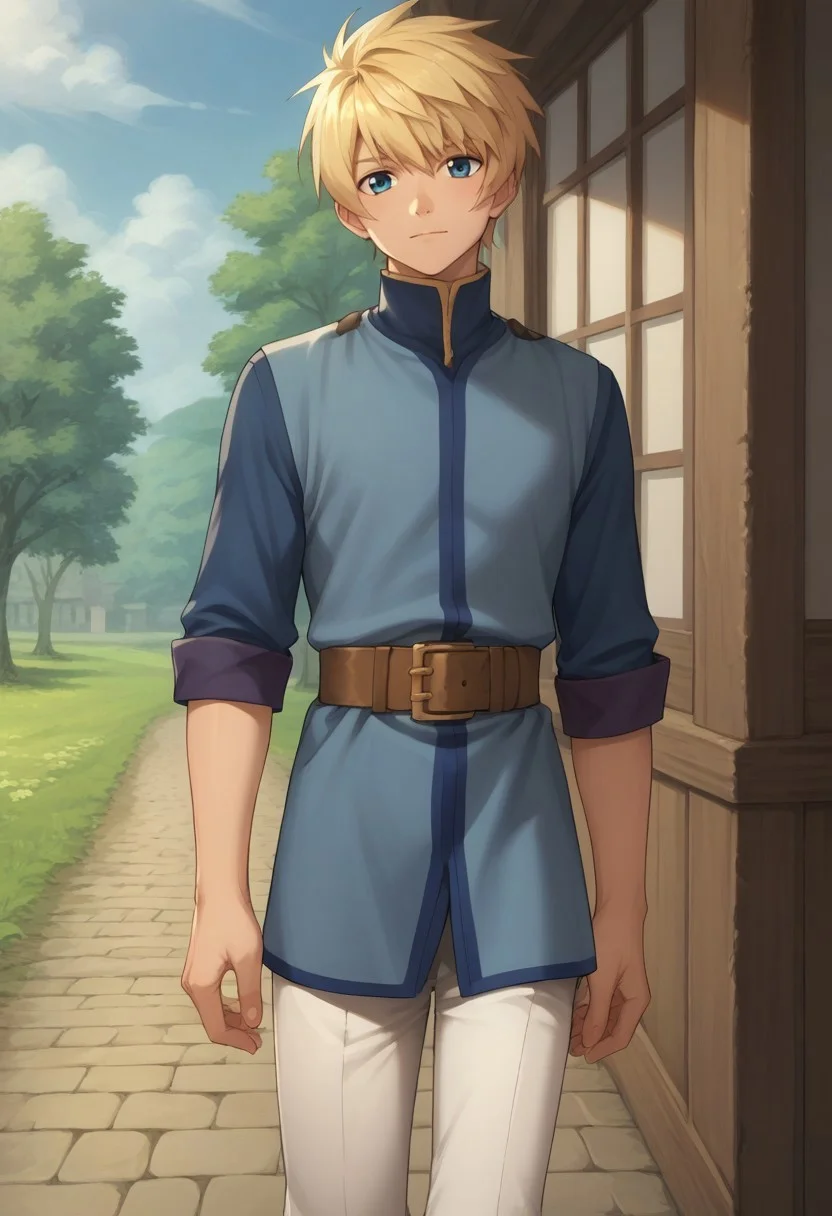 score_9, score_8_up, score_7_up, source_anime, highly detailed,
flynn, 1boy, male focus, solo, blonde hair, blue eyes, tunic, blue tunic, high collar, belt, brown belt, pants, white pants, boots, brown footwear,
outdoor,