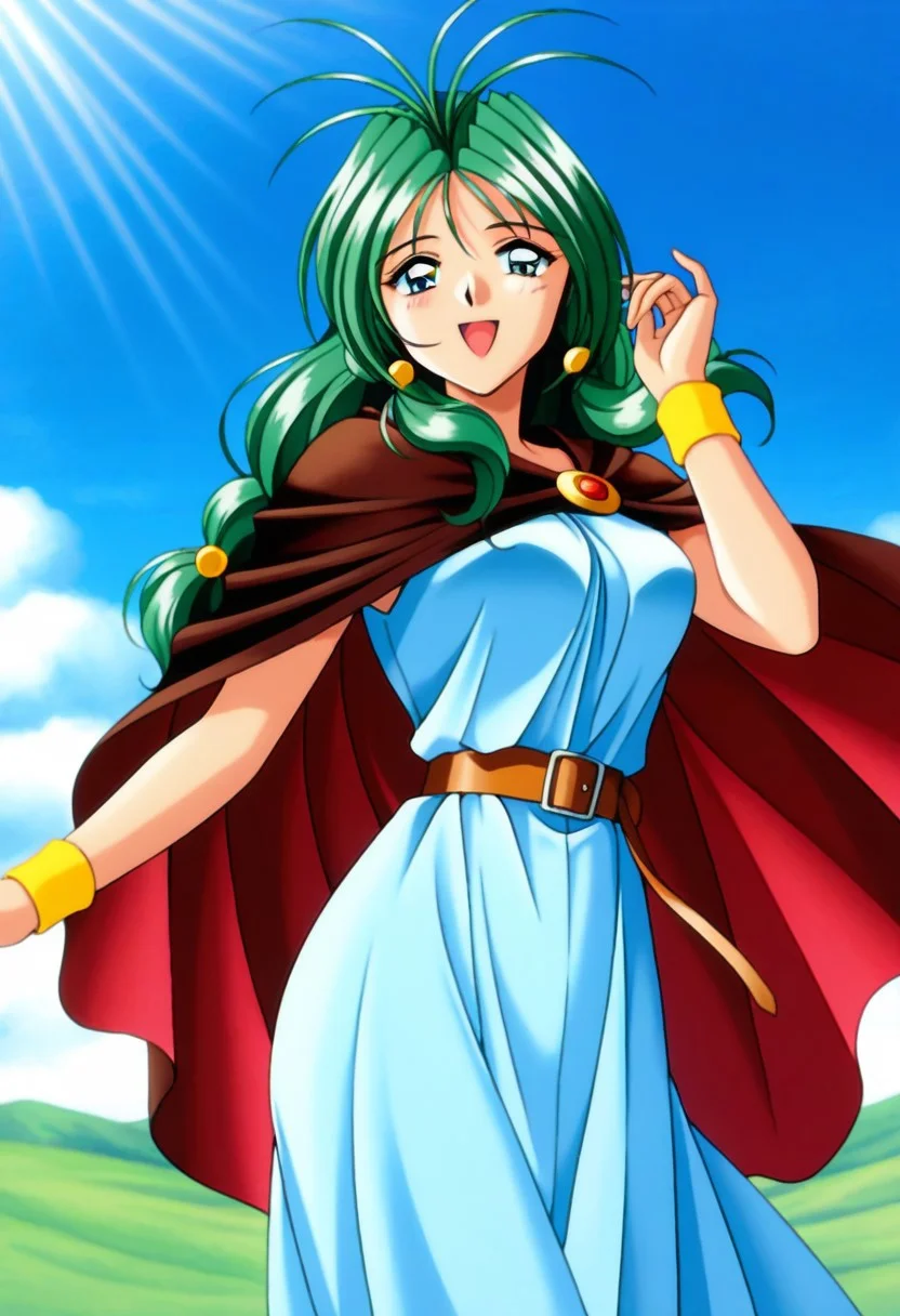 masterpiece, best quality, amazing quality, very aesthetic, high resolution, 1girl, cowboy shot, anime-style, digital art, high resolution, cute girl, smiling, sunlight, bright, clear sky, blue sky, clouds, daytime, outdoor, wind blowing her hair, dynamic pose, cheerful mood, light reflections, detailed background, high quality, beautiful, attractive, light rays, bright lighting, sky, joyful, happy, energetic, bright atmosphere, detailed shading, anime aesthetics, vibrant, lively, braid, jewelry, belt, cape, blue dress, wristband, retro artstyle, 1990s \(style\),
clairemm, blue eyes, green hair, antenna hair, long hair, low-tied long hair, hair bobbles, medium breasts, mature female,