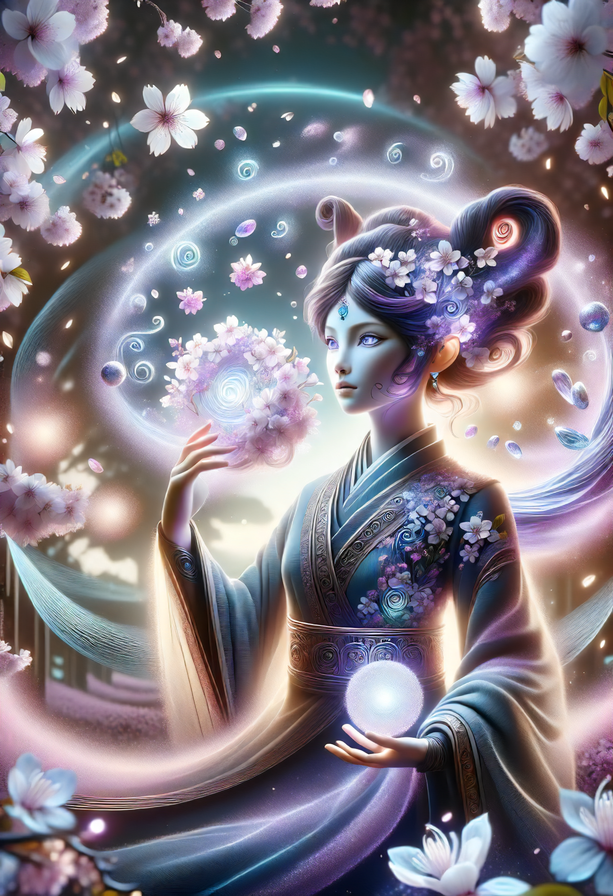 DonMS4kur4XL, sakura blossoms, female  midlife, curvaceous, russian, violet eyes, large ears, long nose,    asymmetrical forehead, oval face shape,    high cheekbones, mahogany bob cut hair, surprise, holding a gemstone infused with power, summoning its energy,      thaumaturge, technology manipulation, cyber-occultism , singing an enchanting melody, infusing magic with musical notes, glowing runes   <lora:myLora\DonMS4kur4XL-000006:0.8><lora:released\DonM3t3rn1tyXL-v1.1-000008:.8><lora:released\DonMM4g1cXL_v1.2:.8>