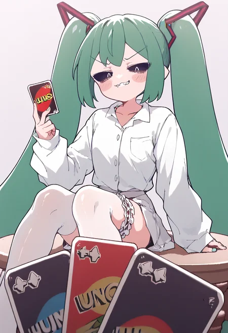(score_9, score_8_up, score_7_up) BREAK source_anime, absurdres
1girl, twintails, green hair
sleeves past wrists, white shirt, collared shirt, bridal garter, white thighhigh
shiny skin
looking at viewer, holding card, smug, posing,, clenched teeth
sitting on table, (knees up)