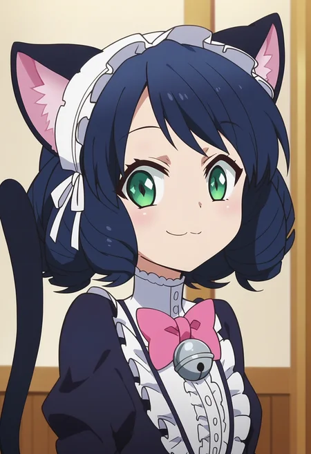score_9, score_8_up, score_7_up, score_6_up, score_5_up, score_4_up , anime coloring ,BREAK source_anime, anime,screencap,
1girl, solo, cyanh, cat ears, pink bowtie, chest bell, headdress, gothic dress, cat tail, <lora:PonyXL Cyan Hijirikawa V5:1>
indoors,upper body,
smile, looking at viewer,