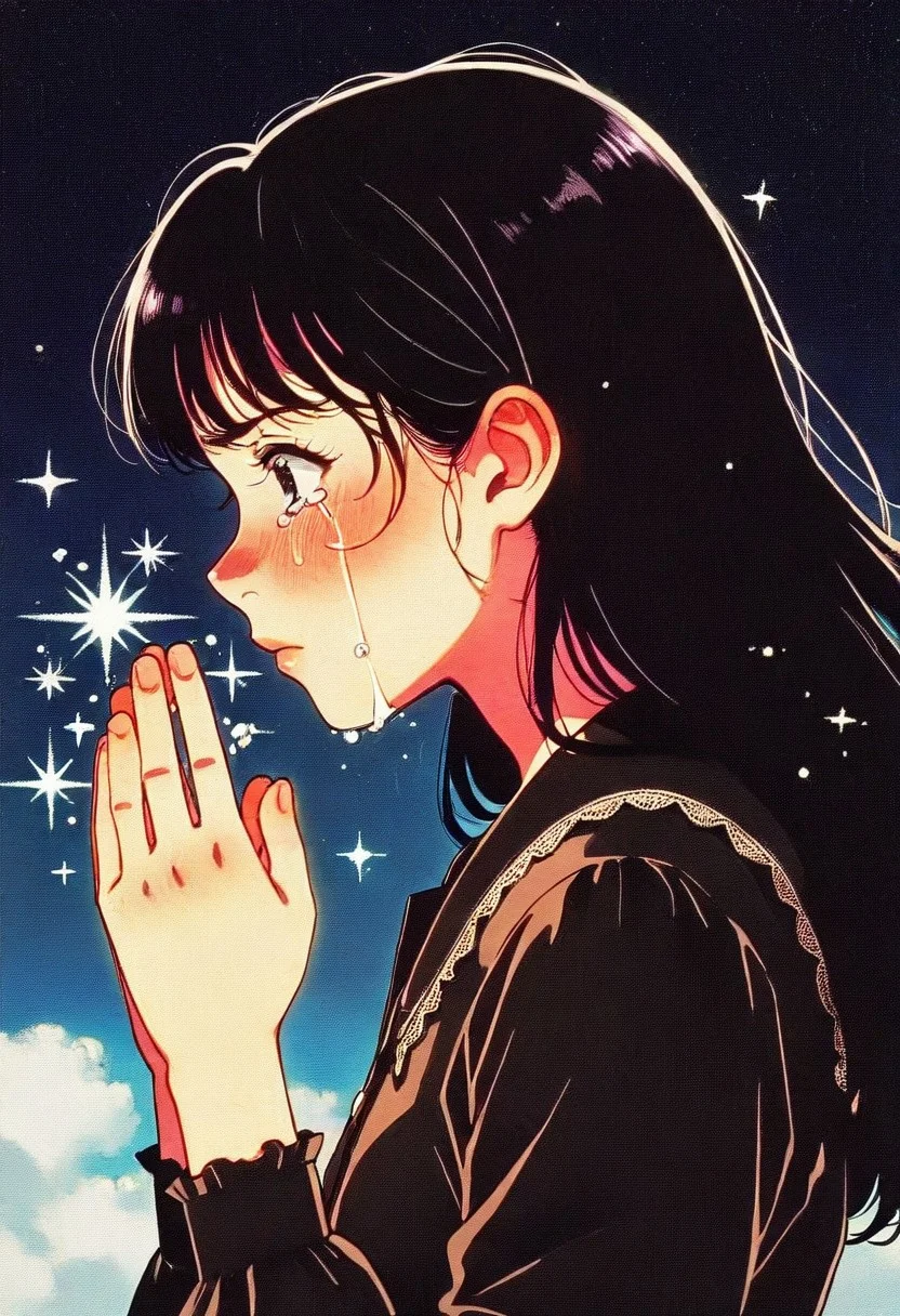 masterpiece, best quality, newest, absurdres, highres, very awa,
hu99y, 1girl, solo, profile portrait, medium black hair, bangs, blush, sky, sparkles, film grain, anime, dark blouse, japanese, stars, crying, tears, (in praying gesture),
