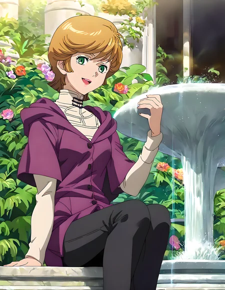 <lora:pony_xl_audrey:0.9>,audrey,score_9,score_8_up,score_7_up,source_anime,best quality,masterpiece,super fine illustration,1girl,solo,purple short sleeve jacket,open_clothes,white long sleeves,white_shirt,shirt_tucked_in,black pants,brown footwear,gardens,fountain,smile,;d,open your mouth and laugh,sitting,knees_together_feet_apart,cowboy_shot,looking_at_viewer,lens_flare,available light,