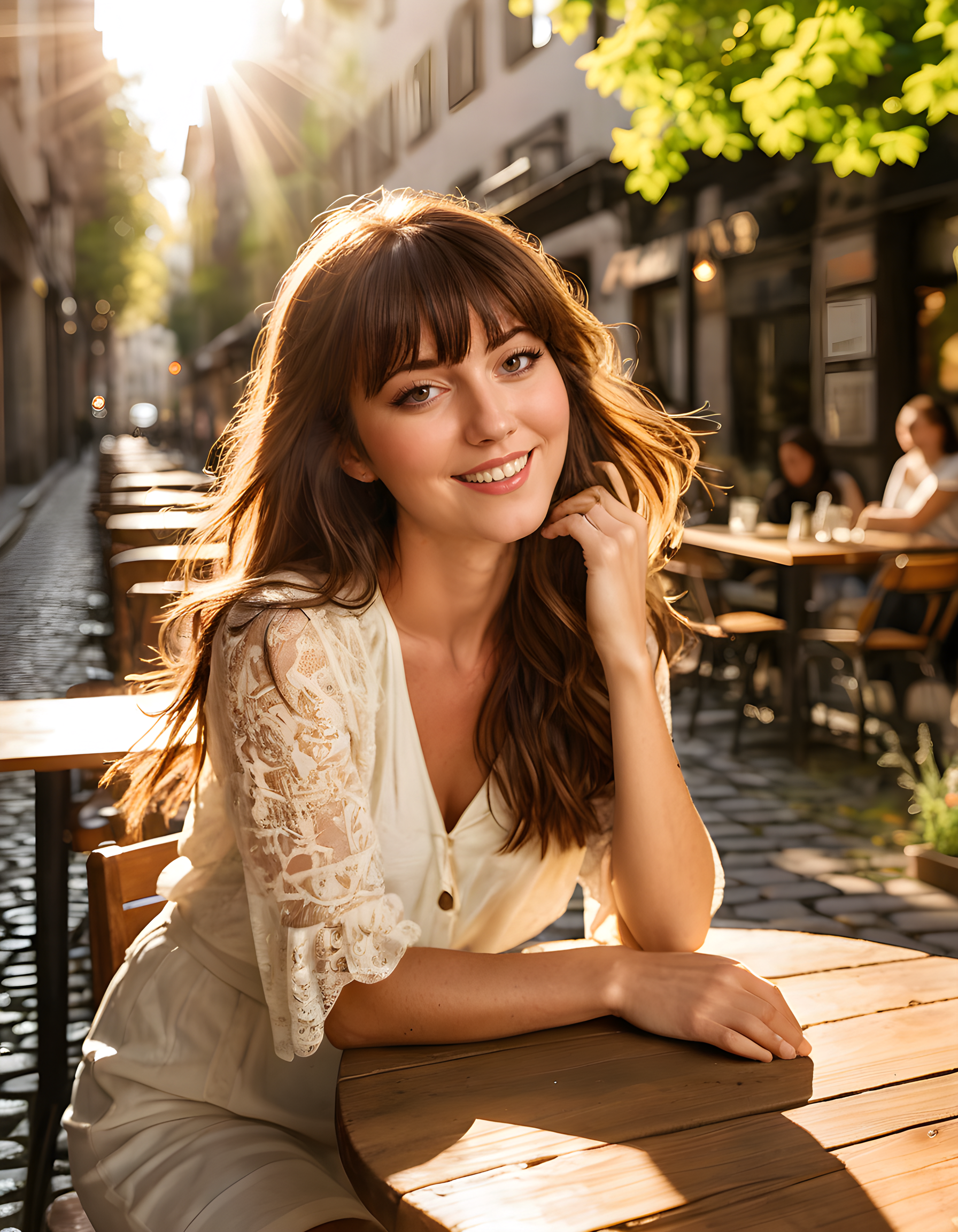 In a vibrant, sun-drenched outdoor café, M4RY3W, a radiant woman with cascading brown hair and bangs framing her face, sits alone at a worn wooden table. Her long hair flows gently in the soft breeze as she leans slightly forward, her lips parted in a captivating smile that reveals just the right amount of charm. The warm golden light from the setting sun filters through the leaves of nearby trees, casting dappled shadows on the cobblestone street behind her and creating an idyllic backdrop for this intimate moment. The camera is positioned slightly above and to the side, capturing M4RY3W's engaging expression while also showcasing the beautiful scene surrounding her.