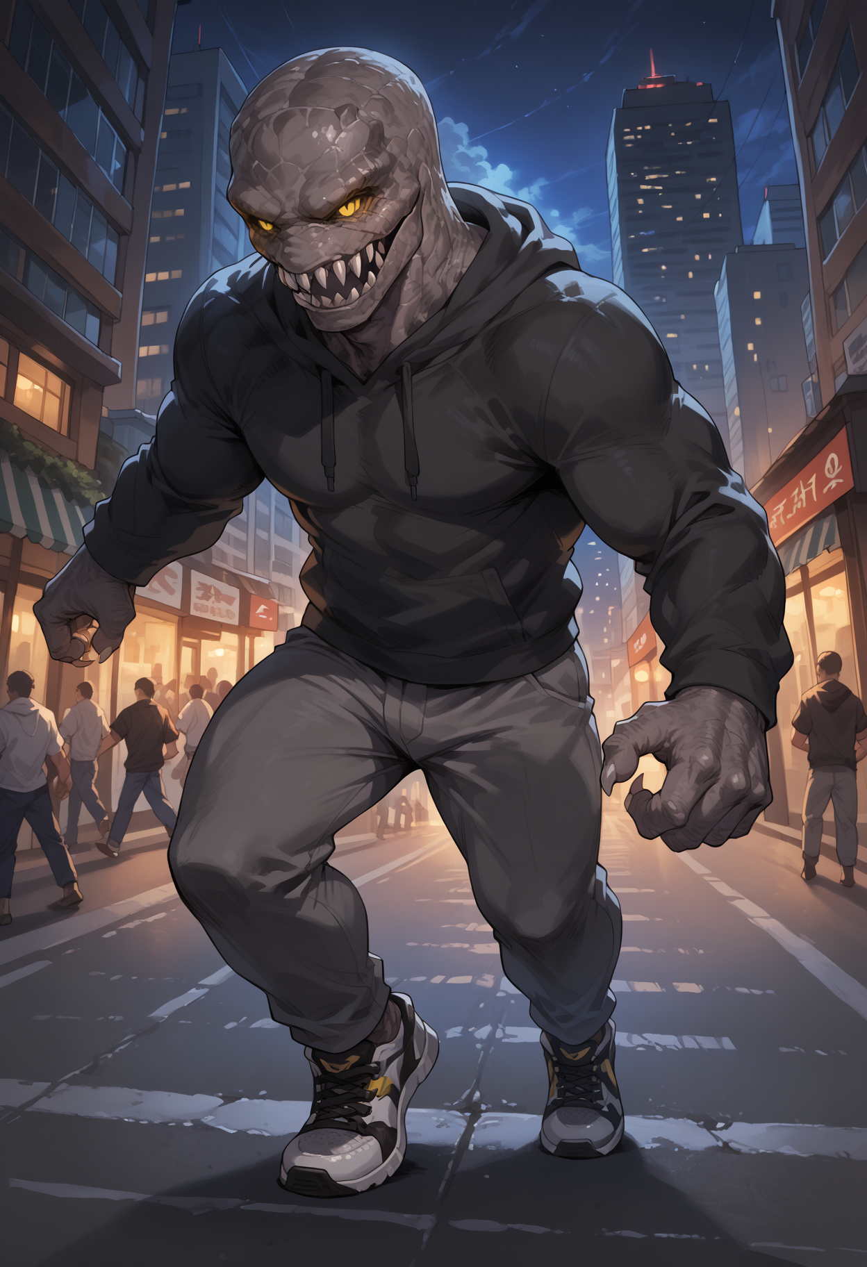 zPDXL3, score_9_up, score_8_up, score_7_up, detailed, masterpiece, source_monster, high quality, best quality, digital media \(artwork\) BREAK regeneratorre4, monster, sharp teeth, gray skin, yellow eyes, glowing eyes, muscular, city, skyscraper, night, black hoodie, sneakers, running, action pose  <lora:detailed_notrigger:1> <lora:Regenerator_ResidentEvil_V1:0.8> <lora:d3t41l3dXLP:0.25> <lora:Darkgem_Style_Lora:0.5> by darkgem