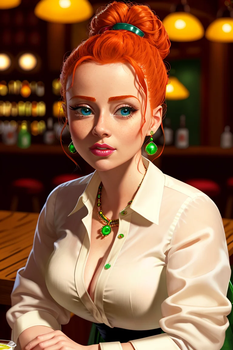 sexy senorita mexican western RPG character painting ginger hair upsweep updo emerald button shirt at a cantina sitting bar tequila
(masterpiece:1.4) (best quality:1.4) (8k) (HDR) (wallpaper) (cinematic lighting) (sharp focus) (intricate) (CherryNobodySD15:1.0)