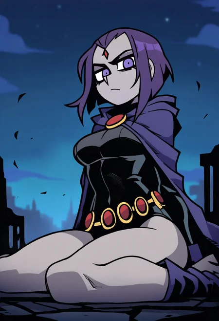 masterpiece, best quality, vanripper,
1girl, solo, breasts, raven \(dc\), cloak, grey skin, thighs, outdoors, night sky, night, black leotard, long sleeves, purple hair, belt, wariza, sitting, looking at viewer <lora:VanripperIllustriousXL_byKonan:1>