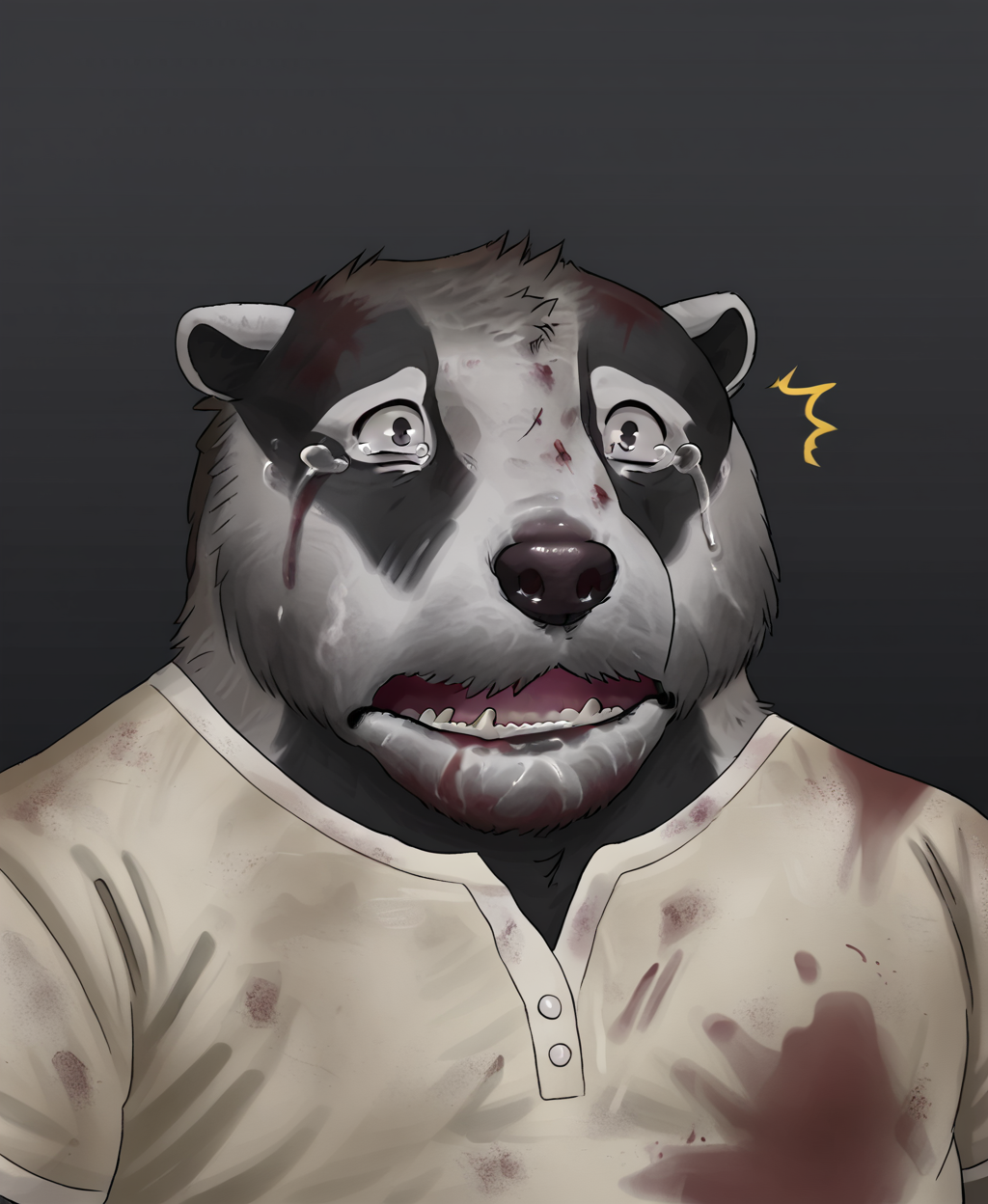 <lora:add-detail-xl:1>, detailed, detailed fur, male, solo, detailed face,  <lora:NikPony:1.2>, Nikolai krol, grey eyes, portrait, front view, tears, surprise, scared, blood, small cut, musclegut, blood splatter on cam, shirt, upper body, adult, mature male, mature anthro,