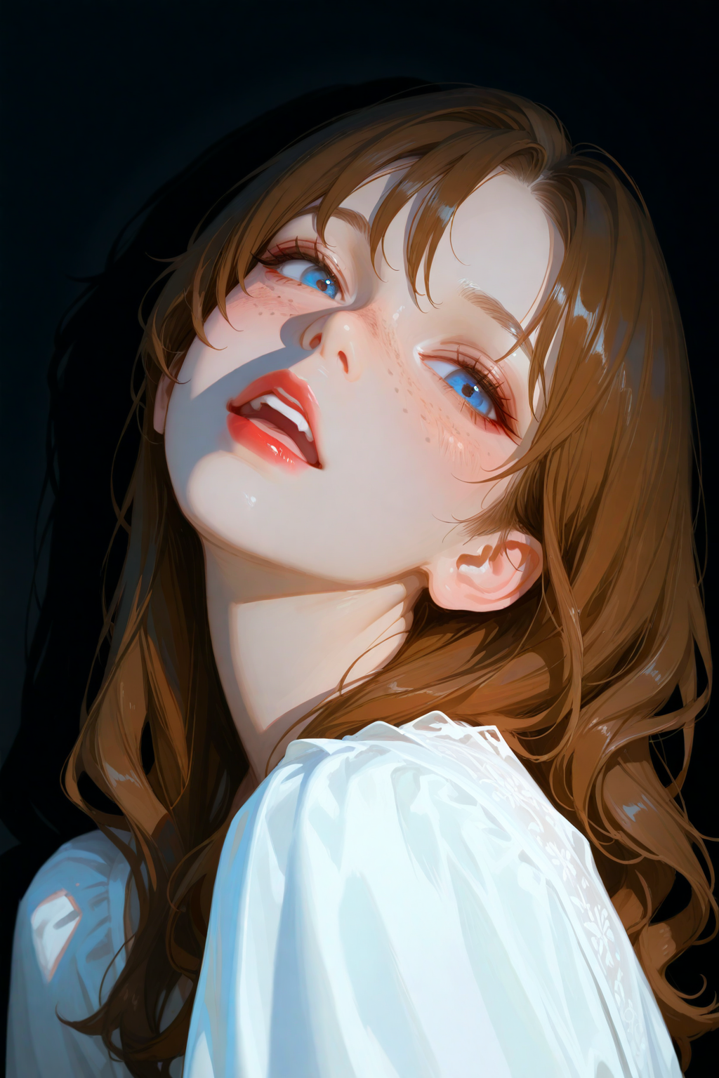 masterpiece, best quality, good quality, very aesthetic, absurdres, newest,portrait, realistic,photorealistic
BREAK
1girl, solo, long hair, looking at viewer, blush, open mouth, blue eyes, brown hair, dress, upper body, parted lips, teeth, from side, looking to the side, lips, head tilt, upper teeth only, shadow, black background,  freckles, red lips,
BREAK
 <lora:ponyv5_noobV065S_1_adamW:0.7> <lora:USNR STYLE_XL_loha:0.45> <lora:748cmSDXL:0.4>