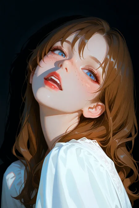 masterpiece, best quality, good quality, very aesthetic, absurdres, newest,portrait, realistic,photorealistic
BREAK
1girl, solo, long hair, looking at viewer, blush, open mouth, blue eyes, brown hair, dress, upper body, parted lips, teeth, from side, looking to the side, lips, head tilt, upper teeth only, shadow, black background, freckles, red lips,
BREAK
<lora:ponyv5_noobV065S_1_adamW:0.7> <lora:USNR STYLE_XL_loha:0.45> <lora:748cmSDXL:0.4>