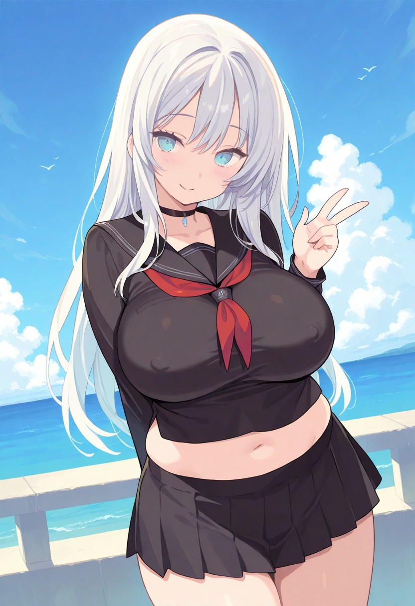 1girl, solo, female, large breasts, round face, huge breasts, plump body, white hair, long hair, blue eyes, smile, V, BREAK erect nipples trough clothes, serafuku, black shirt, black skirt, miniskirt, sailor collar, red ribbon, navel, BREAK school, outdoors, colorful, posing, artistic shot, angle view, BREAK ((ultra-detailed)), ((best quality)), ((beautiful eyes)), ((extremely detailed)), 4K, (8K), best quality, (beautiful), Master piece, highres, best quality, official art, highres, masterpiece, detailed background, high quality background,