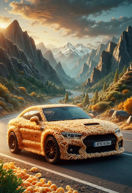 award-winning photo of a sleek car speeding on a winding road, sunset, vibrant, dynamic, shiny exterior, detailed reflections, mountain backdrop, automotive photography, by Steve McCurry, Canon EOS R5 camera, f/2.8 lens, vivid colors, dramatic lighting, trending on Instagram, clear sky, high contrast, made out of noodles, <lora:PinkieNdlsSDXL:1>, p1nkn00dles,