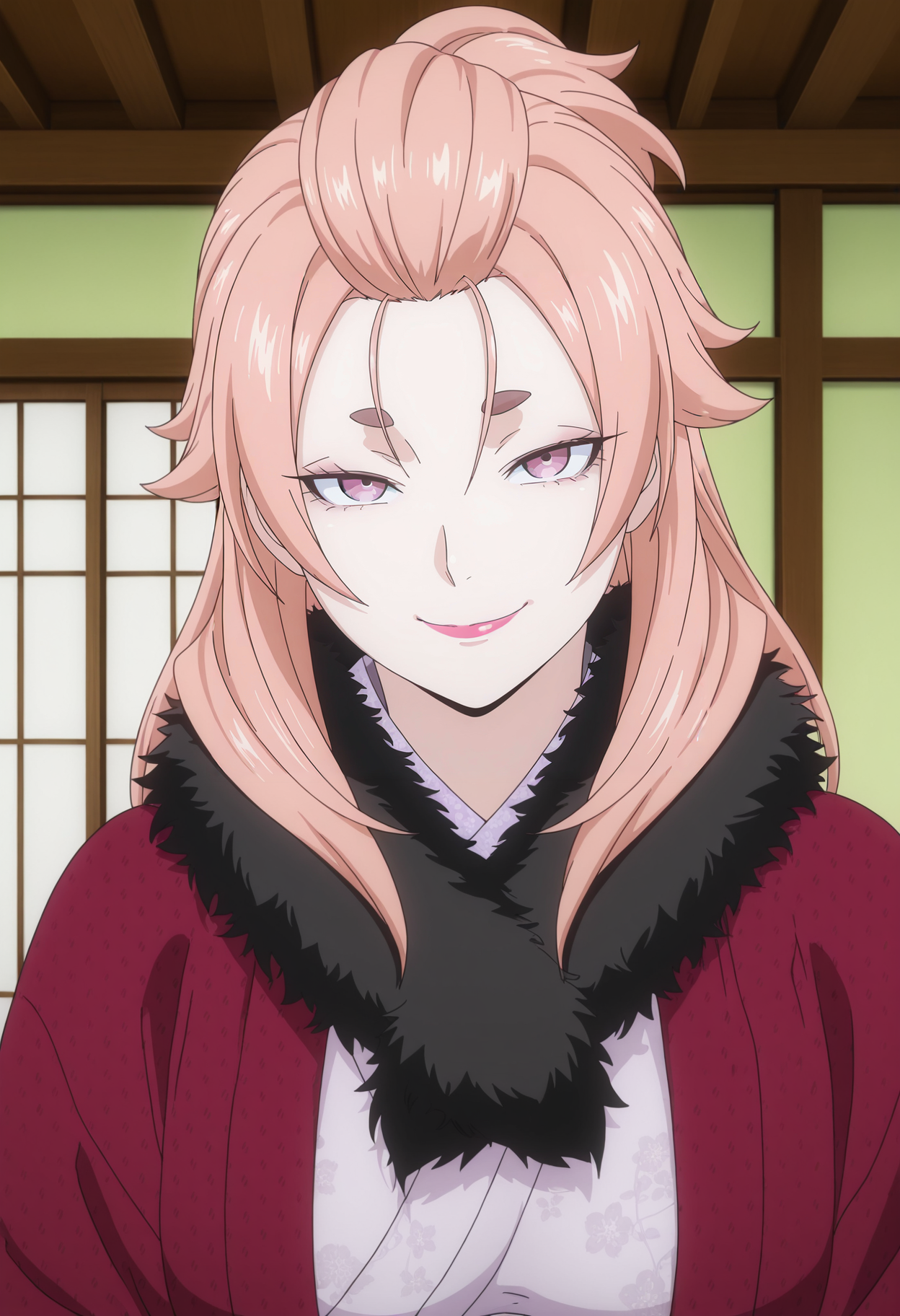 1girl,solo,mm,mature female,long hair,pink hair,purple eyes,lipstick,thick eyebrows,anime coloring,
kimono,fur trim,upper body, looking at viewer, smile,indoors
,masterpiece,best quality,amazing quality,<lora:Mana_Nakiri-Shokugeki_no_Souma:0.8>