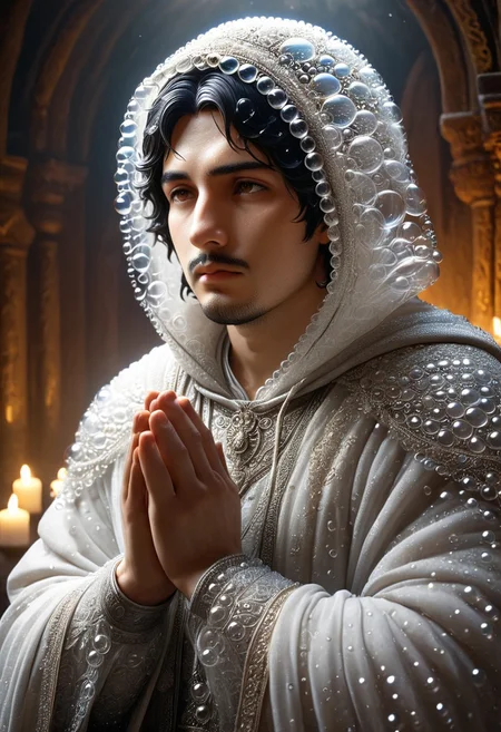 cinematic portrait, a man with hood praying statue made_of_bubbles, statue of torithor(1boy, bara, short hair, black hair, brown eyes, facial hair), intricate carvings covered with flower, dim candlelight flickering across weathered features, hyper-detailed fabric folds, volumetric fog, gothic atmosphere, 8k resolution, unreal engine 5, photorealistic, dramatic chiaroscuro lighting, bubbles, colorful bubbles