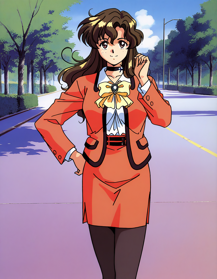 general,highres, ultra-detailed,very aesthetic,best quality ,best hands,  BREAK <lora:Ito_Ryoko_OVA_IS:1>Ito_Ryoko_OVA, 1girl,solo, long hair, brown hair, choker, brown eyes, bangs, large breasts, 1990s (style), anime coloring,
1girl, solo, pantyhose, 1990s (style), skirt, hand on hip, 
pencil skirt,  jacket, smile, bow, jewelry, formal, black pantyhose, long sleeves, 
suit, looking at viewer, blazer, school uniform, brooch,
asphalt, day, sky,