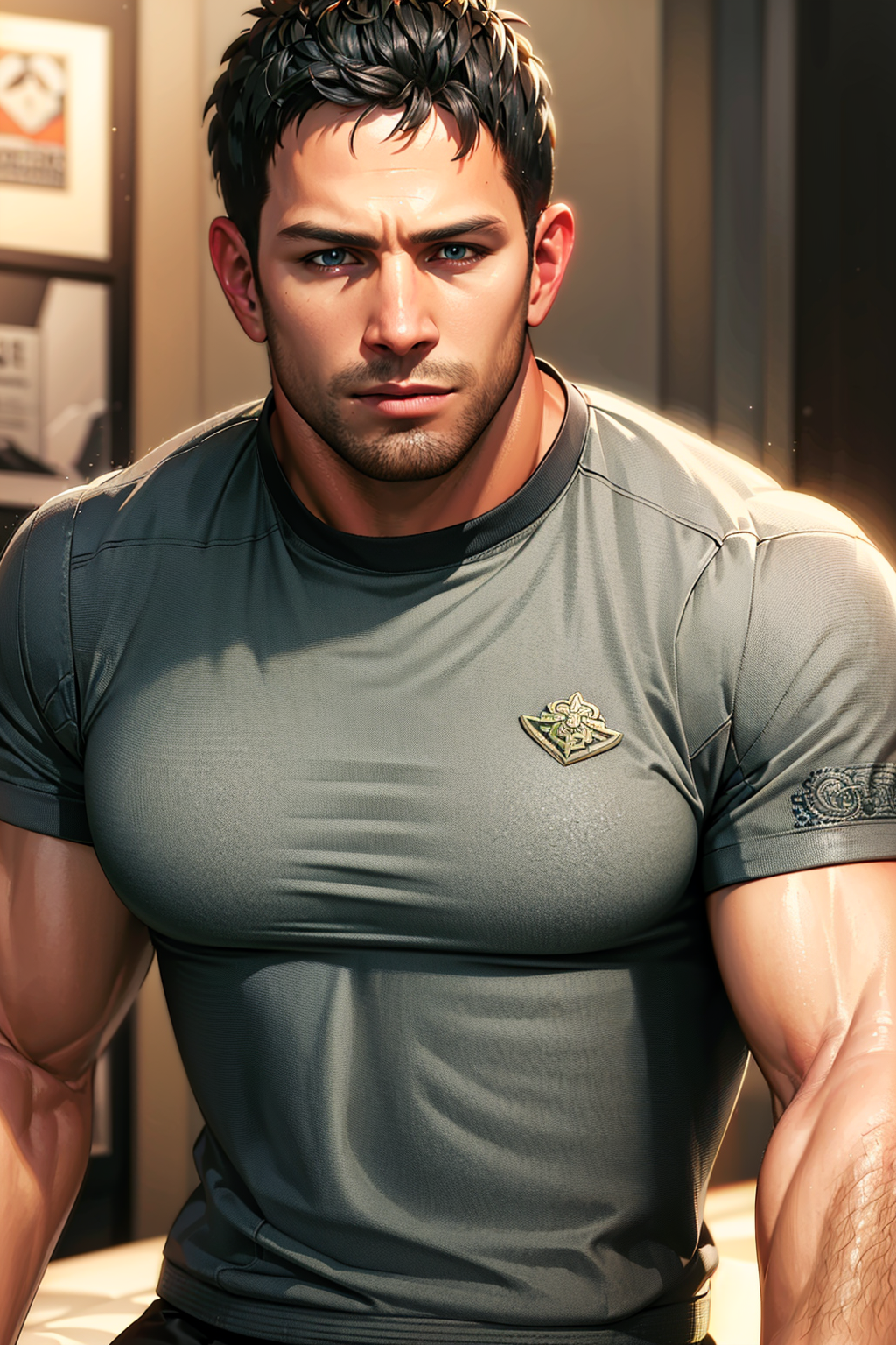 1boy, upper body of re5dfield, military uniform, grey shirt, volumetric lighting, athletic, best quality, masterpiece, intricate details, tonemapping, sharp focus, hyper detailed, trending on Artstation, looking at viewer, realistic <lora:sxz-chris-redfield:0.7>