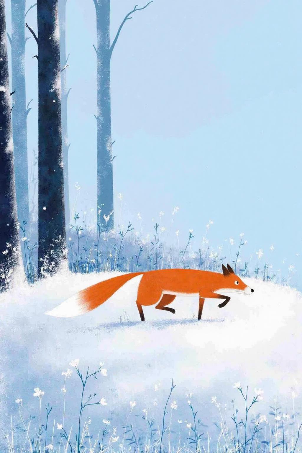 macha1 illustration. 
Side profile of a solitary red fox walking in a snowy forest. The fox is depicted in vibrant, warm colors, with an orange body, white underbelly, and a white-tipped tail. The fox is shown in mid-step, with one front paw lifted off the ground, giving a sense of motion. There are tree and grass in the background, covered with soft snow. <lora:macha1_cap_d6a3e12:1.0><lora:827695229638489073:0>