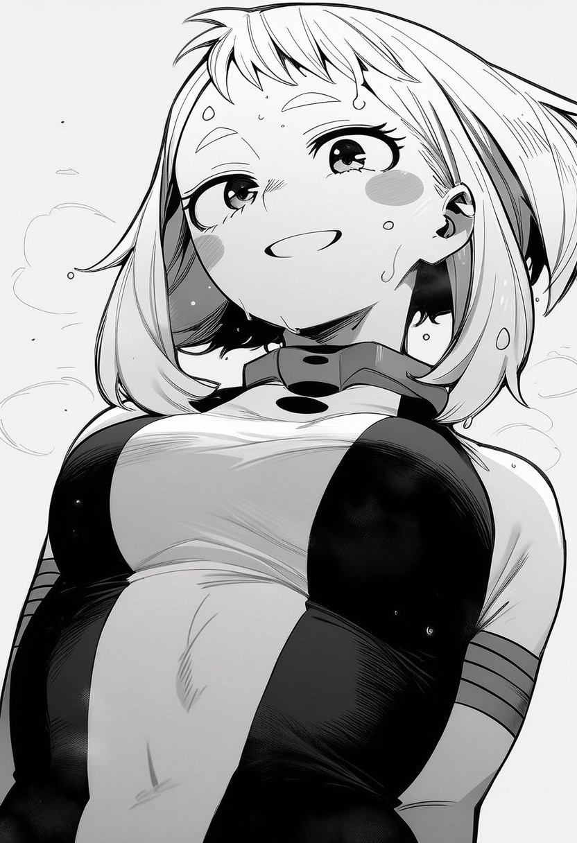 flatshinyskin, score_9, score_8_up, score_7_up , 1girl, 1girl, mosaic censoring, smile, slight seductive pose,, medium breasts, sweating, breasts,, long skirt, 1girl, solo focus, Upper body, hands behind back,  wet, sweaty, sweating, steam, lying on back, low angle, under boobs, 
ochako_uraraka, 1girl, score_9, score_8_up, score_7_up, Monochrome,  MANGASTYLE ,bodysuit, solo focus, perfect body, curvey, thick waist, thick body, skin tight dress, , front view, front focus, looking at viewer, seductive expression, smile, teeth,