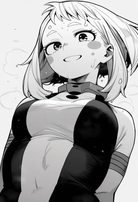 flatshinyskin, score_9, score_8_up, score_7_up , 1girl, 1girl, mosaic censoring, smile, slight seductive pose,, medium breasts, sweating, breasts,, long skirt, 1girl, solo focus, Upper body, hands behind back, wet, sweaty, sweating, steam, lying on back, low angle, under boobs,
ochako_uraraka, 1girl, score_9, score_8_up, score_7_up, Monochrome, MANGASTYLE ,bodysuit, solo focus, perfect body, curvey, thick waist, thick body, skin tight dress, , front view, front focus, looking at viewer, seductive expression, smile, teeth,